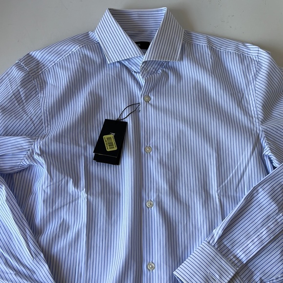 Boss Hugo Boss Dress Shirt Sharp Fit Blue White Stripe 15 32/33 New - Picture 5 of 12